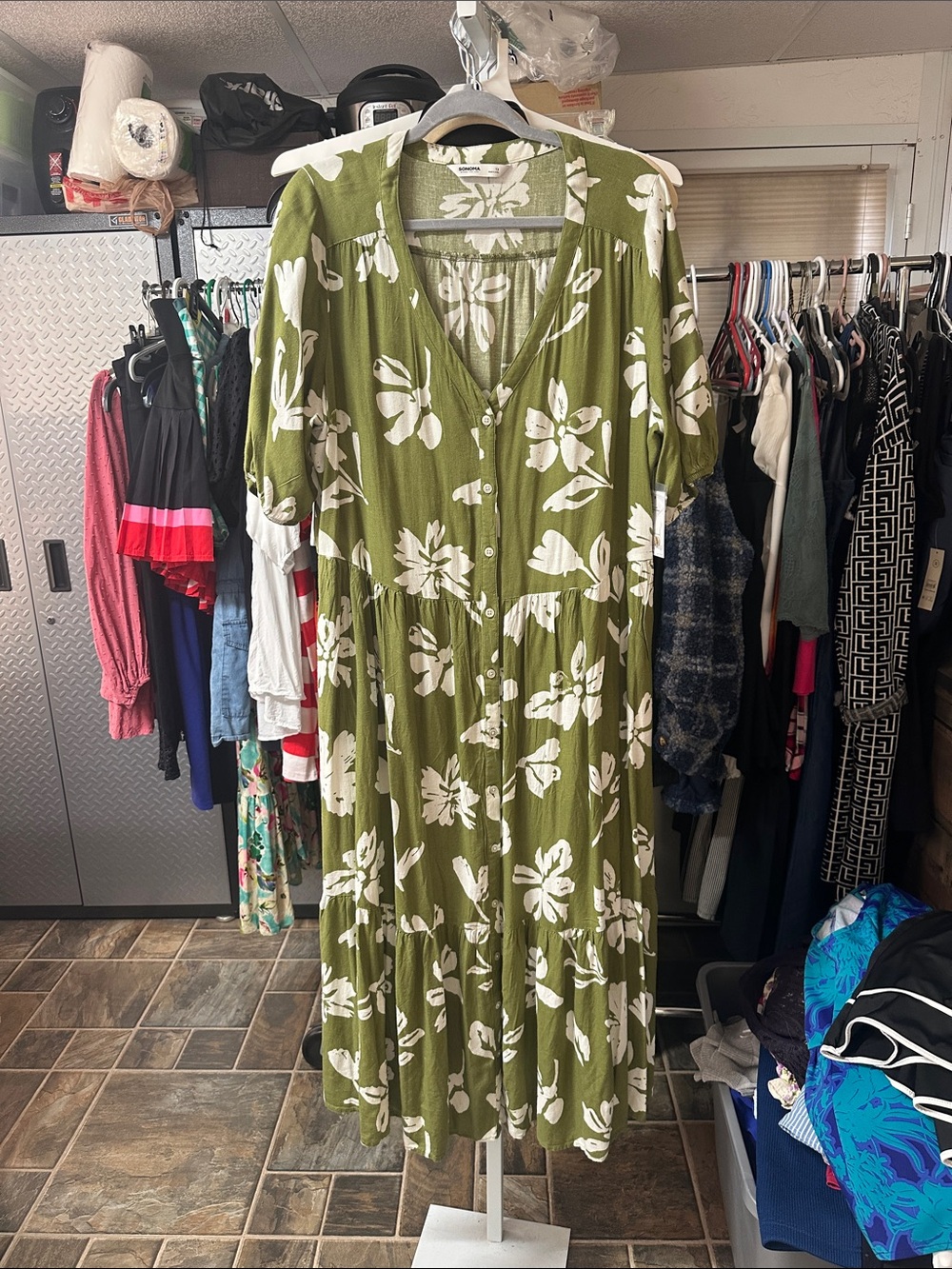 Olive Green Floral Button-Front Midi Dress
